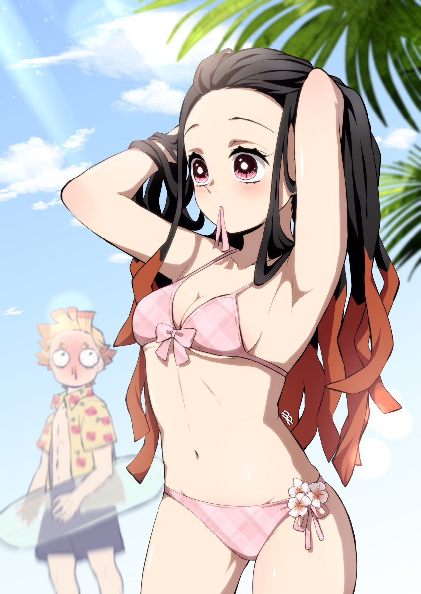 1boy, 1girl, absurdres, agatsuma_zenitsu, bikini, black_hair, blonde_hair, blood, breasts, forehead, gotouge_koyoharu_(style), hetero, highres, innertube, kamado_nezuko, kimetsu_no_yaiba, long_hair, male_swimwear, medium_breasts, mouth_hold, multicolored_hair, nosebleed, open_clothes, open_shirt, orange_hair, pink_bikini, pink_eyes, pink_ribbon, pori_(kmt_pori), ribbon, shirt, swimsuit, very_long_hair, yellow_shirt