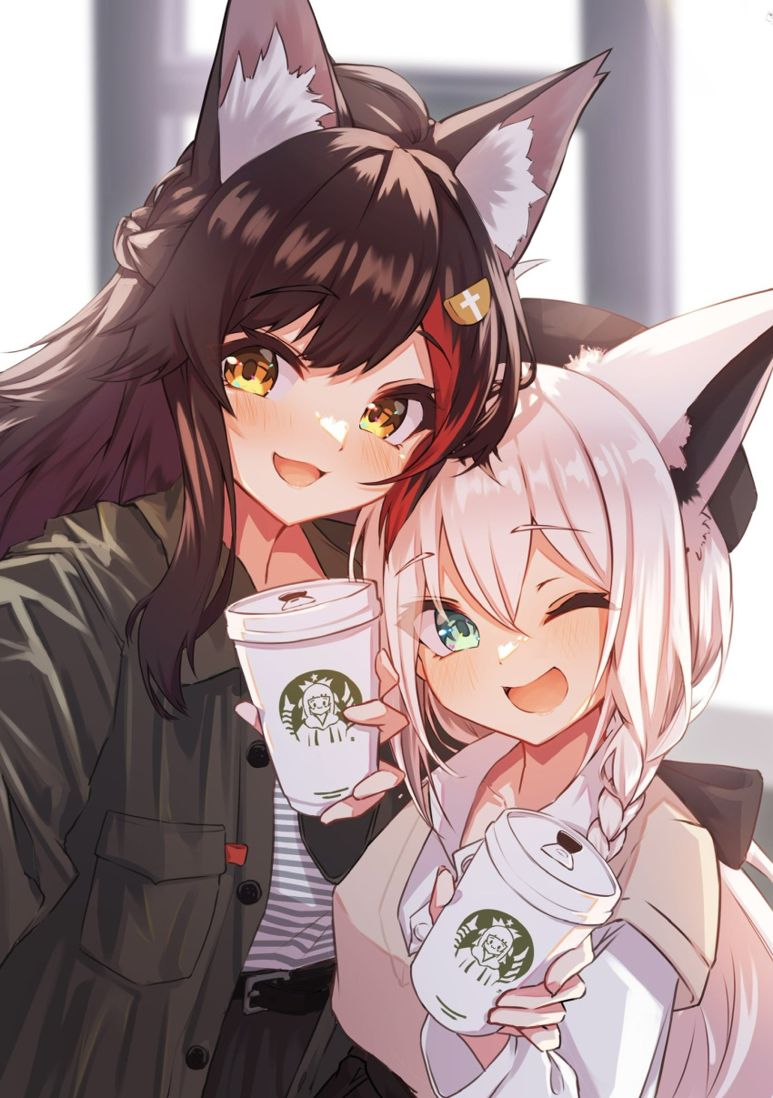 2girls, animal_ear_fluff, animal_ears, belt, beret, black_bow, black_hair, black_headwear