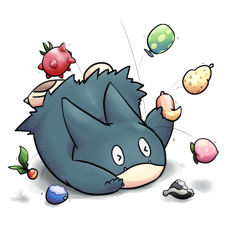 >_<, berry_(pokemon), claws, ekir_tutu, enigma_berry, fangs, hondew_berry, leppa_berry, mago_berry, motion_lines, munchlax, no_humans, oran_berry, pecha_berry, pokemon, pokemon_(creature), sitrus_berry, solo, tamato_berry, tripping, white_background