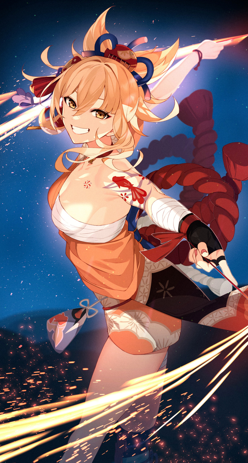 1girl, absurdres, arm_tattoo, bandages, blonde_hair, breasts, chest_tattoo, choker