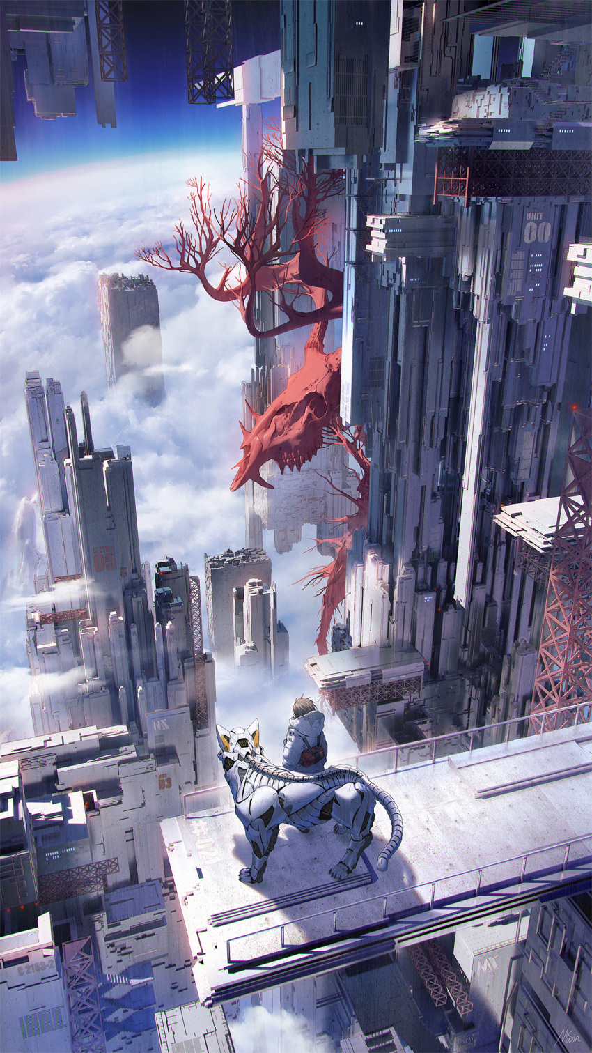 1other, above_clouds, atmospheric_perspective, building, clouds, coat, facing_away, from_behind