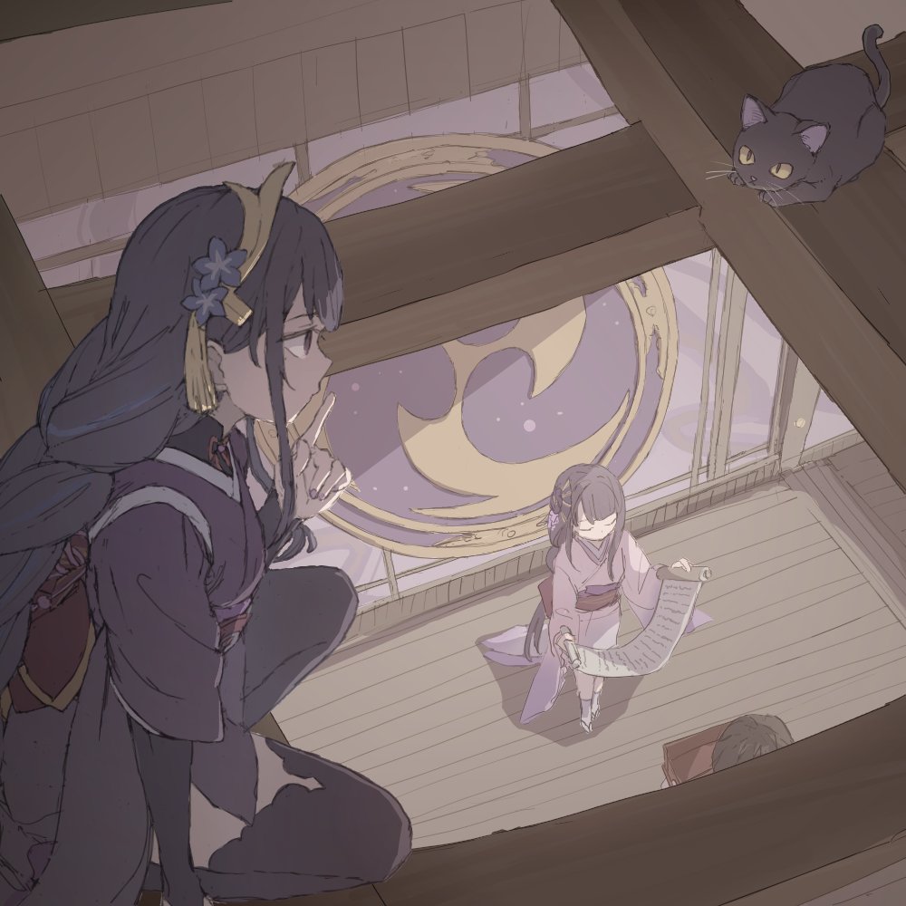 1boy, 2girls, black_cat, braid, cat, closed_eyes, finger_to_mouth, genshin_impact