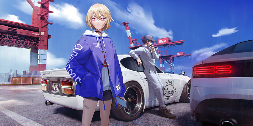 1boy, 1girl, bandaid, bandaid_on_leg, black_choker, black_footwear, black_hair, blonde_hair, blue_jacket, blue_sky, car, choker, cigarette, closed_mouth, crane_(machine), datsun_240z, denim, denim_shorts, grey_headwear, grey_jumpsuit, hair_between_eyes, hand_in_pocket, highres, hood, hooded_jacket, jacket, jumpsuit, leaning_against_vehicle, light_blush, masin0201, motor_vehicle, nissan_fairlady_z, nissan_z_(rz34), original, outdoors, pink_eyes, shipping_container, short_hair, short_shorts, shorts, sky