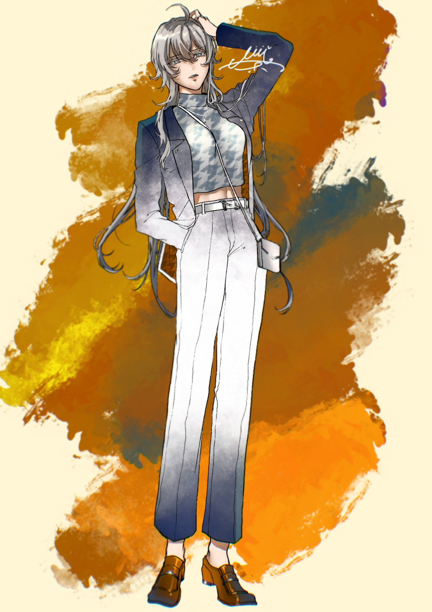 1girl, alternate_costume, aupt31, bag, belt, between_breasts, breasts, crop_top