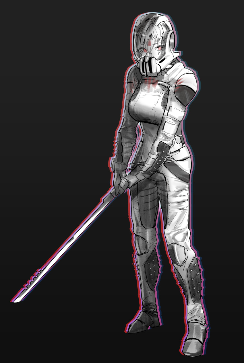 1girl, absurdres, blood, blood_on_face, blood_stain, body_armor, boots, breasts, dark_background, dune_(2021_movie), dune_(series), energy_barrier, energy_shield, facepaint, helmet, highres, holding, holding_sword, holding_weapon, medium_breasts, orangefox, sardaukar, science_fiction, soldier, solo, spacesuit, sword, weapon