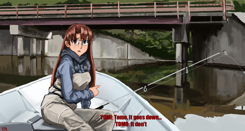 1girl, alternate_costume, azumanga_daioh, blue_hoodie, boat, breasts, bridge, brown_eyes