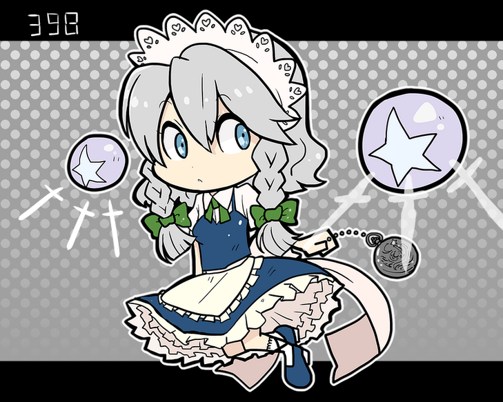 5533, blue_eyes, chibi, izayoi_sakuya, knife, maid, necktie, pocket_watch, ribbon, solo, star, touhou, watch