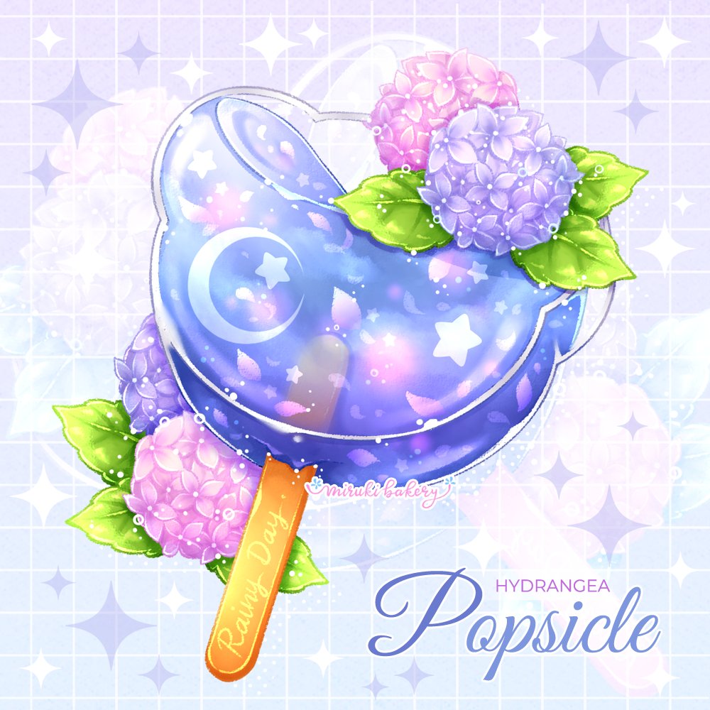 artist_name, chocomiruki, crescent, english_text, flower, food, food_focus, hydrangea
