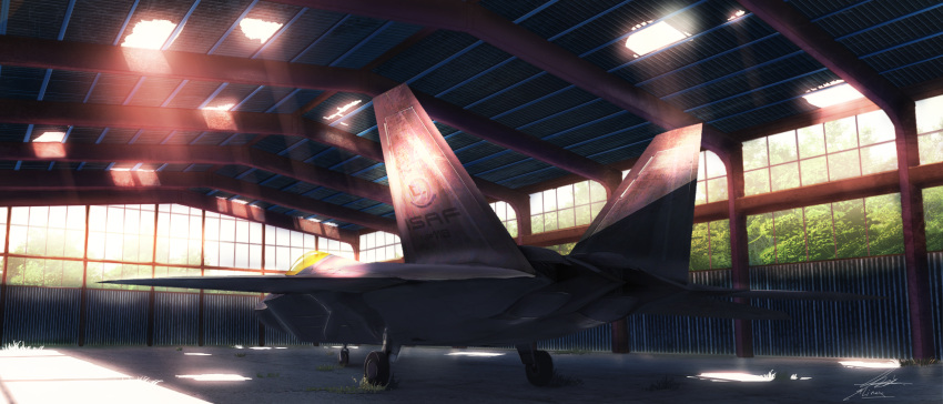 absurdres, aircraft, airplane, ceiling, corrugated_galvanised_iron_sheet, day, f-22_raptor, fighter_jet
