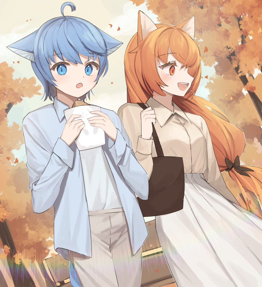 1boy, 1girl, ahoge, animal_ears, autumn, bench, blue_eyes, blue_hair