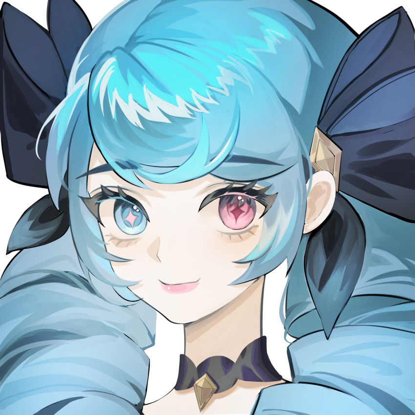 1girl, black_bow, blue_eyes, bow, closed_mouth, drill_hair, green_hair, gwen_(league_of_legends)