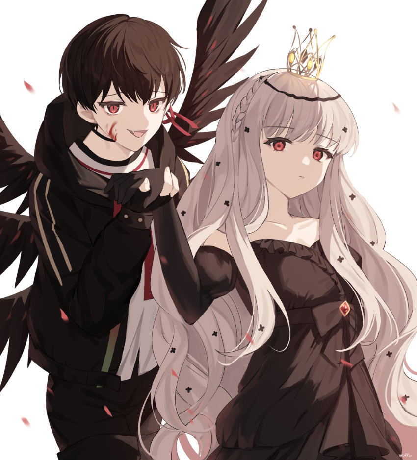 1boy, 1girl, black_dress, black_gloves, black_hair, black_jacket, black_shorts, black_wings, blood, blood_on_face, braid, cain_(tales_runner), crown_braid, dark_persona, dress, feathered_wings, gloves, grin, highres, holding_hands, hood, hood_down, jacket, juliet_sleeves, lala_(tales_runner), long_hair, long_sleeves, love_mintchoco, multiple_wings, puffy_sleeves, red_eyes, seraph, shirt, shorts, sidelocks, simple_background, smile, tales_runner, very_long_hair, white_background, white_hair, white_shirt, wings