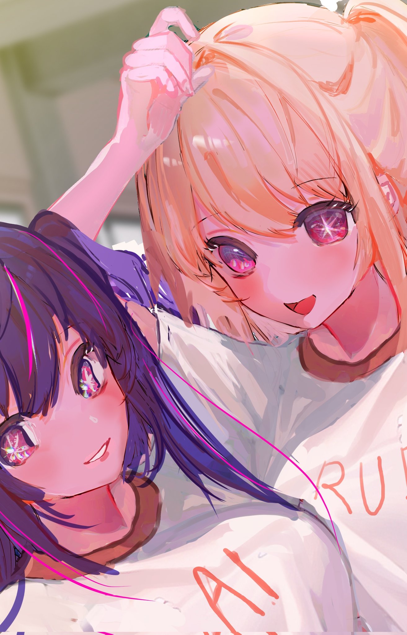 2girls, :d, blonde_hair, blush, breasts, commentary, dutch_angle, english_commentary