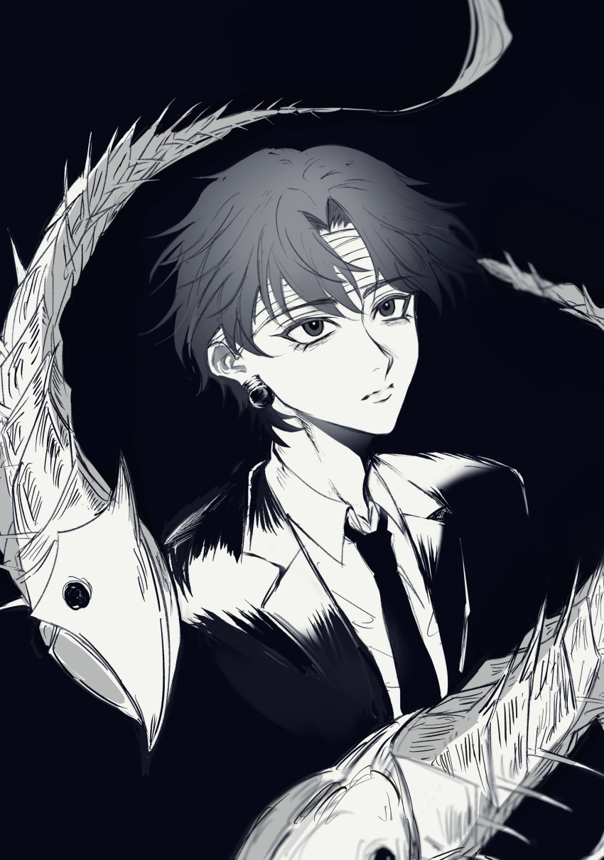 1boy, absurdres, bandaged_head, bandages, black_background, black_eyes, black_hair, black_suit
