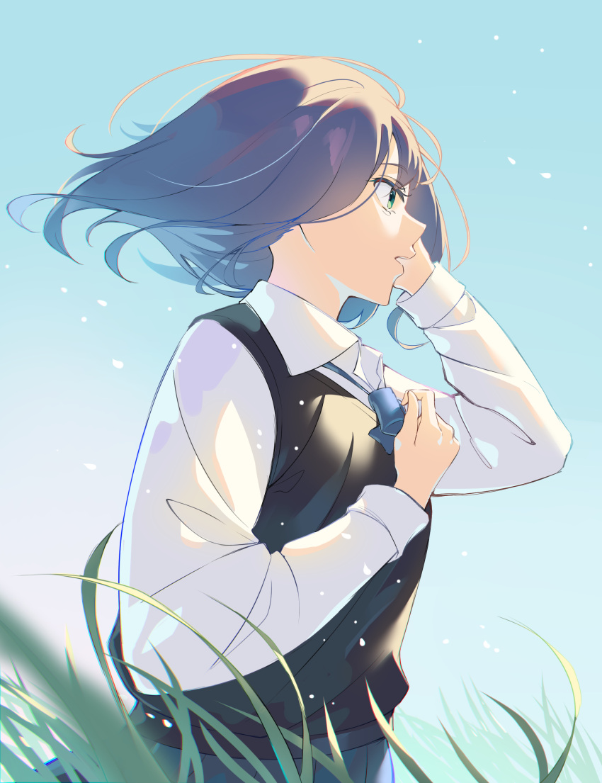1girl, absurdres, aqua_eyes, black_sweater_vest, blue_bow, blue_bowtie, blue_hair, blue_skirt