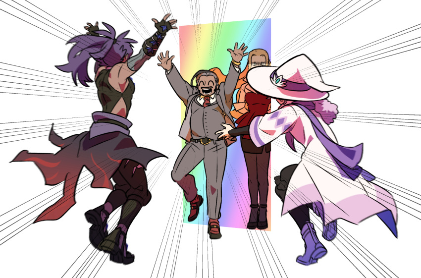 1girl, 3boys, arms_up, bede_(champion)_(pokemon), bede_(pokemon), belt, black_belt, black_hair