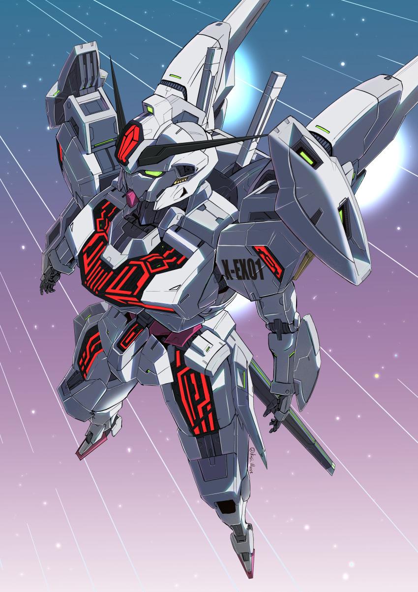 absurdres, commentary, exhaust, glowing, gradient_background, green_eyes, gundam, gundam_calibarn, gundam_suisei_no_majo, highres, kaji_illust, mecha, mobile_suit, no_humans, robot, science_fiction, solo, star_(sky), thrusters, v-fin