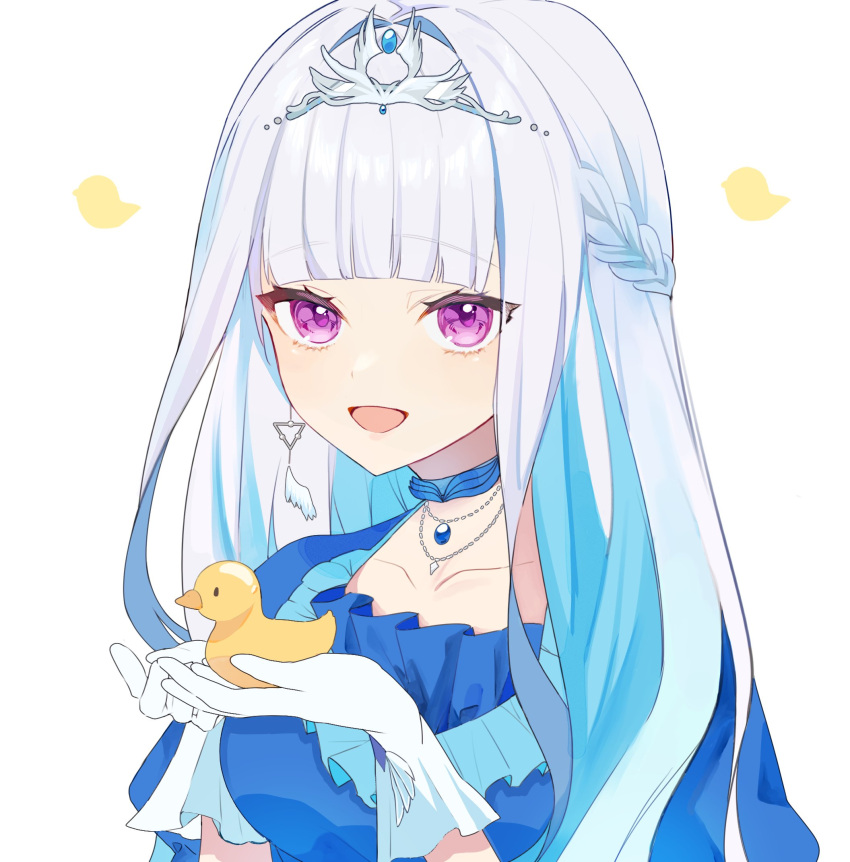 1girl, :d, bird, bird_on_hand, blue_choker, blue_dress, blue_hair, blunt_bangs