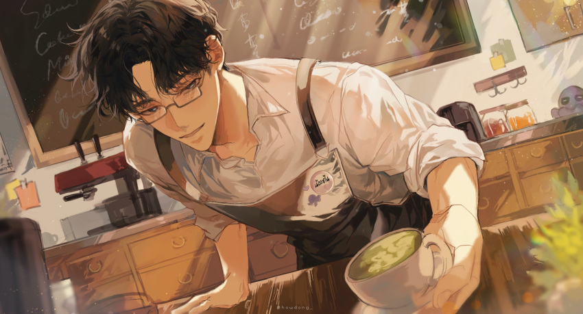 1boy, absurdres, algorhythm_project, apron, artist_name, black_apron, black_eyes, black_hair