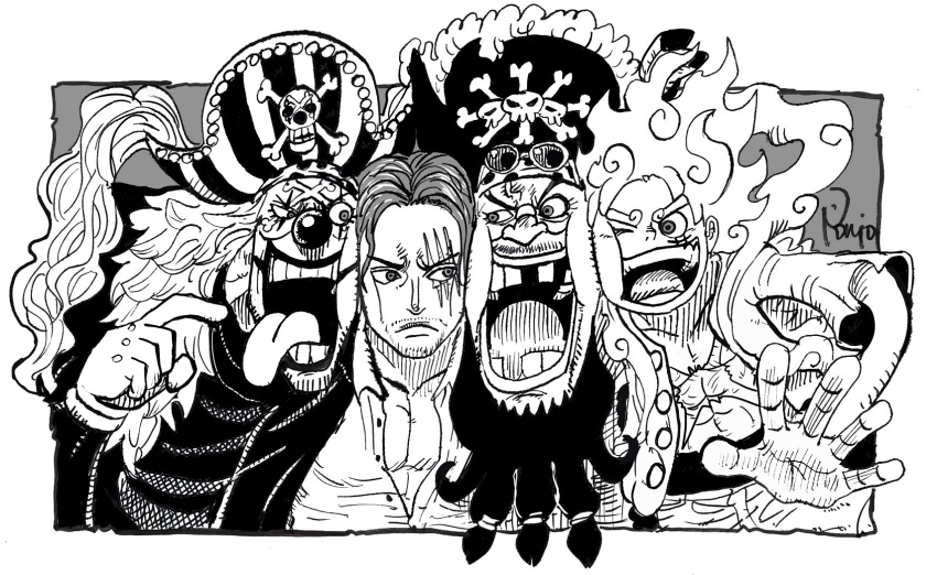 4boys, artist_name, beard, black_hair, buggy_the_clown, cheek-to-cheek, clown_nose, facial_hair