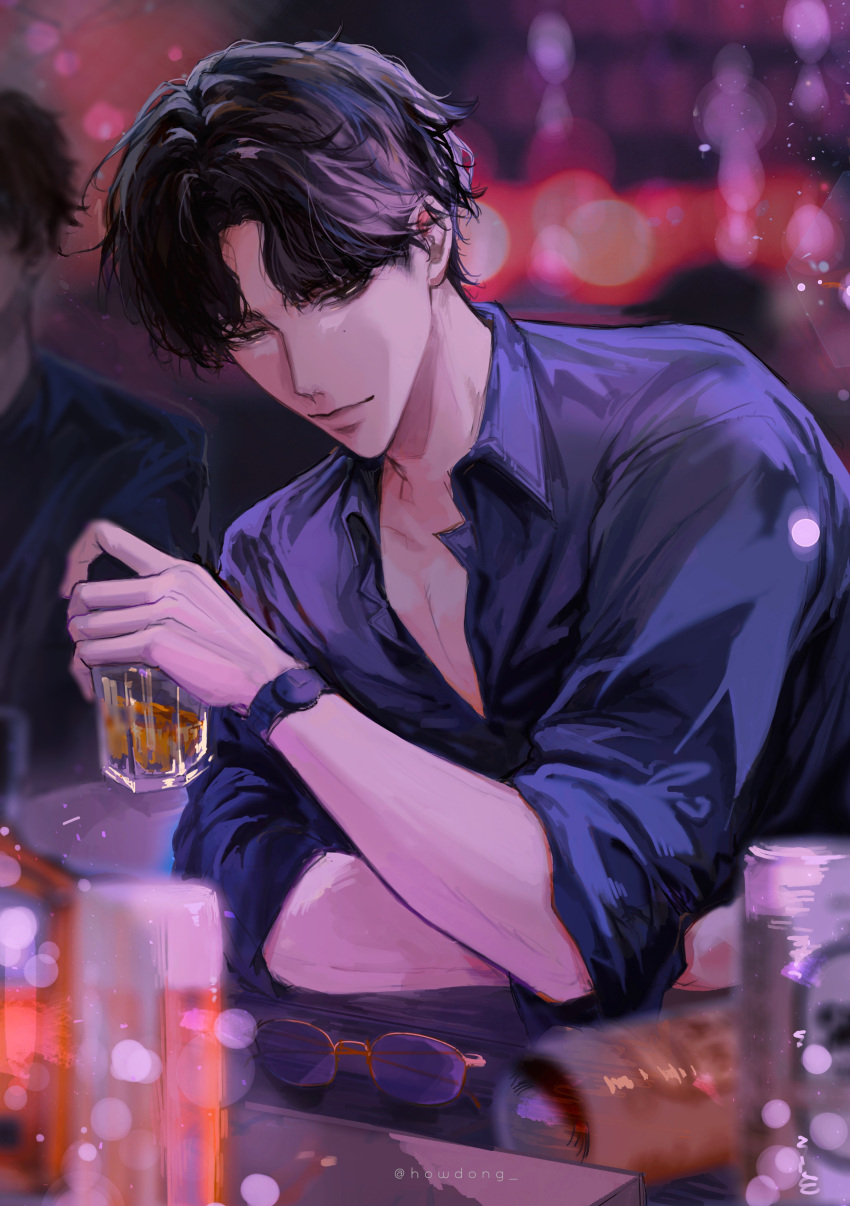 2boys, absurdres, alcohol, algorhythm_project, beer, black_hair, black_shirt, blurry