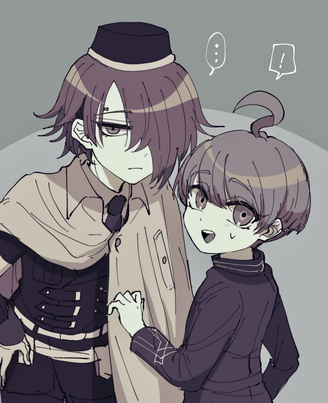 !, ..., 1boy, 2boys, ahoge, cape, collared_shirt, frown
