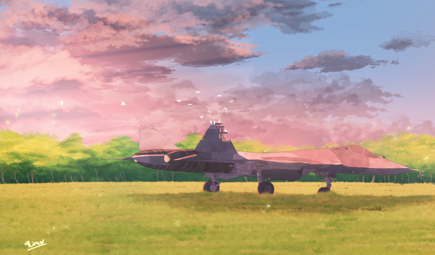 aircraft, airplane, bird, blue_sky, clouds, cloudy_sky, day, fighter_jet