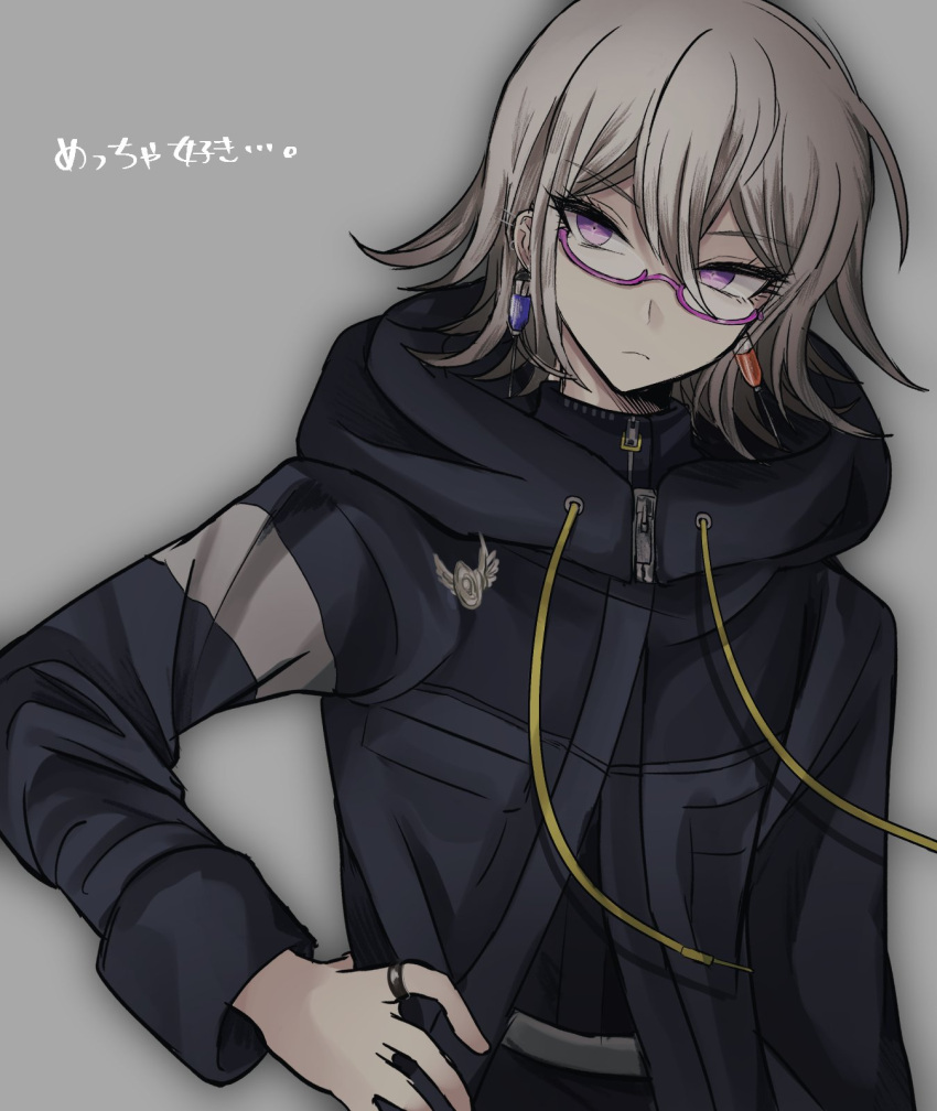1other, 224_nns, black_coat, closed_mouth, coat, earrings, glasses, grey_hair