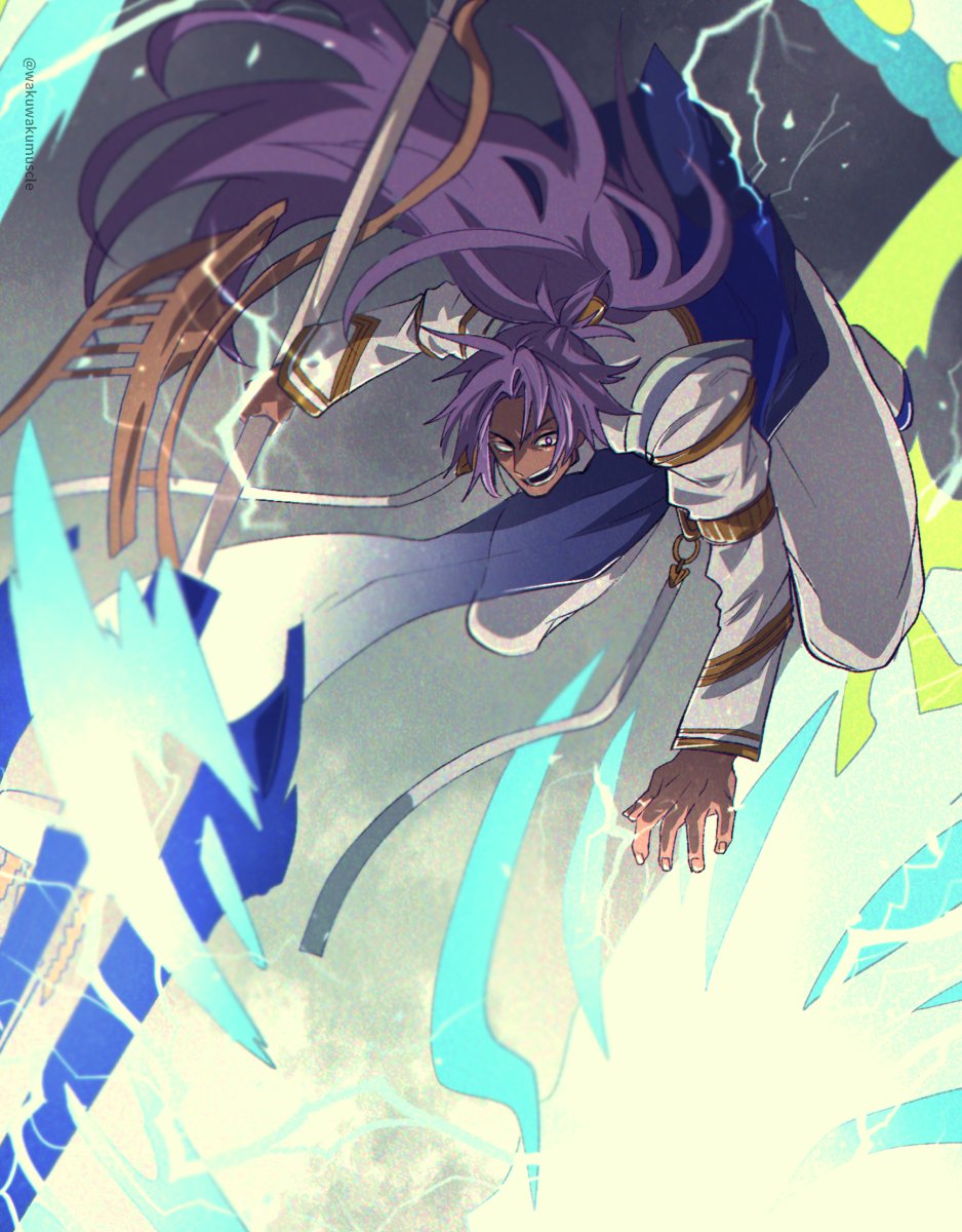 bhima_(fate), bhima_(second_ascension)_(fate), dark-skinned_male, dark_skin, electricity, fate/grand_order, fate_(series), fighting, full_body, highres, holding, holding_polearm, holding_weapon, long_hair, male_focus, polearm, ponytail, purple_hair, smile, violet_eyes, wakuwakumuscle, weapon