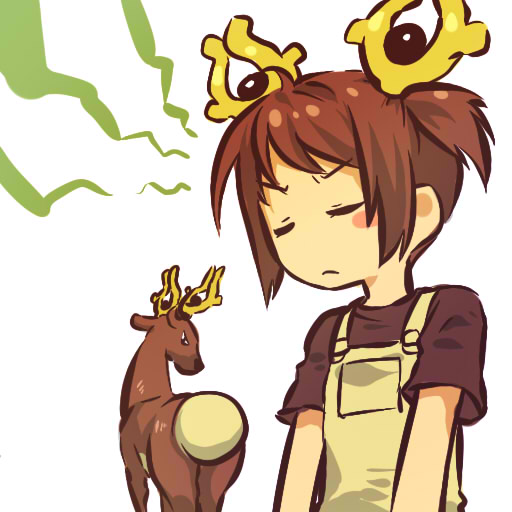 1girl, blush_stickers, brown_hair, closed_eyes, hitec, horns, looking_back, moemon