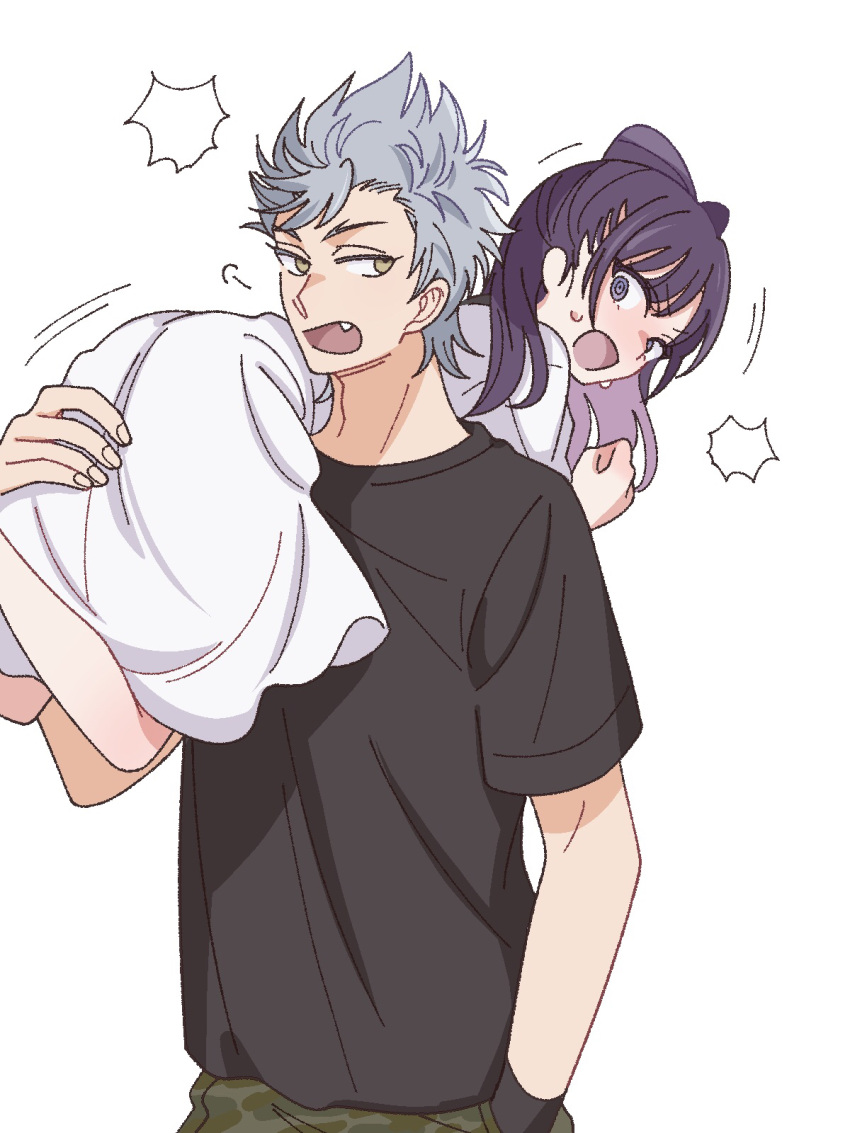 1boy, 1girl, :o, @_@, angry, black_bow, black_hair, black_shirt