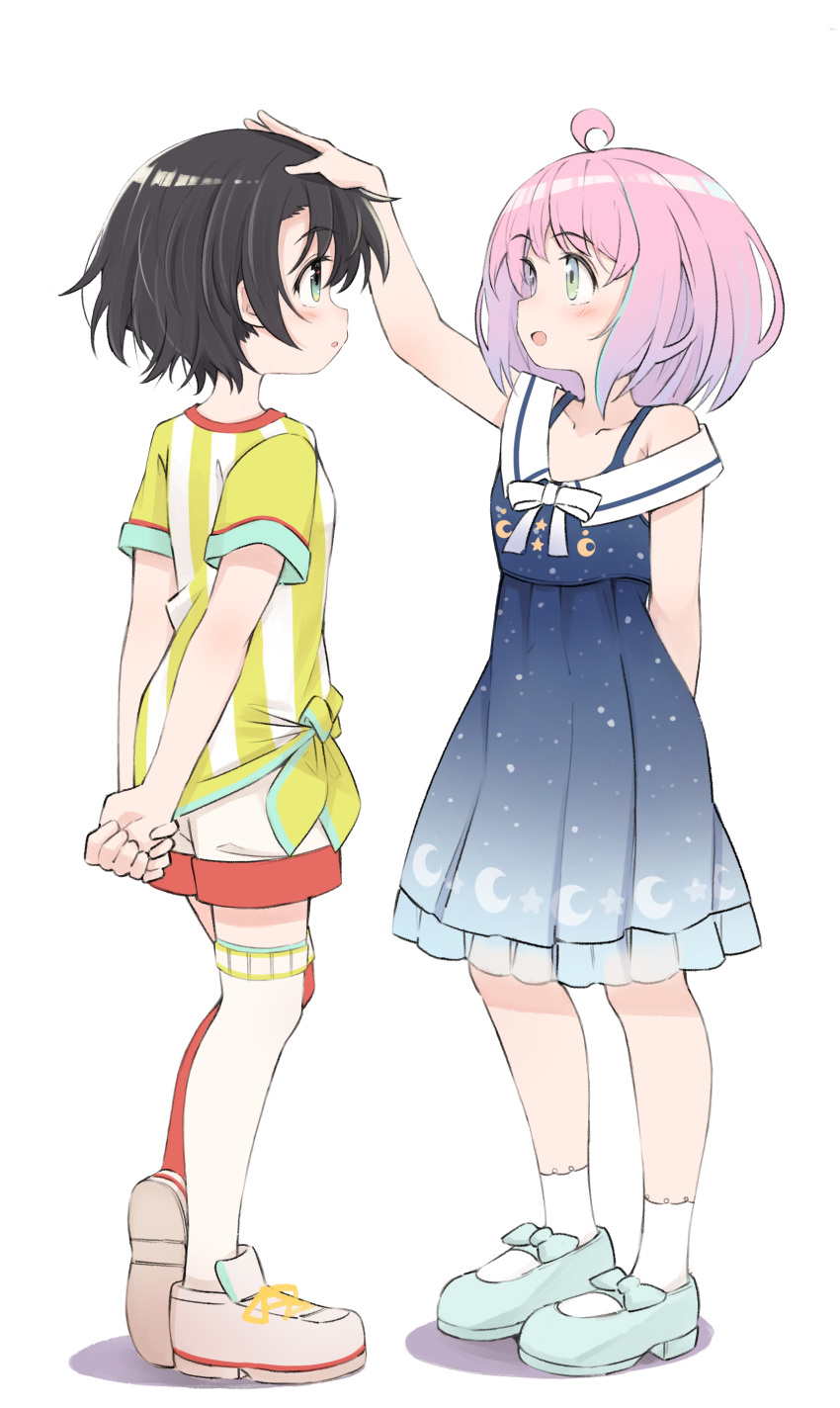 2girls, :d, :o, absurdres, ahoge, arm_behind_back, arms_behind_back, bare_arms