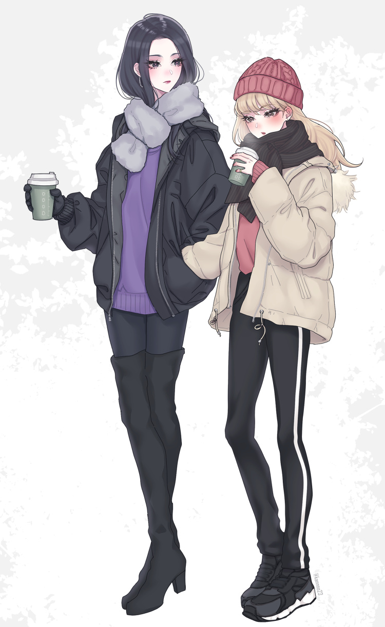 2girls, beanie, black_eyes, black_footwear, black_gloves, black_hair, black_jacket, black_pants