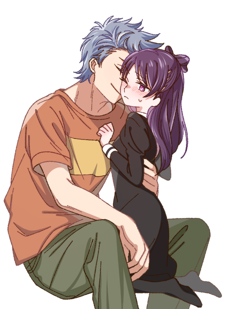 1boy, 1girl, black_dress, black_pantyhose, bow, closed_eyes, dress, grey_hair, hair_bow, hetero, highres, invisible_chair, long_sleeves, miyao_nemu, one_eye_closed, orange_shirt, pantyhose, purple_hair, shirt, short_sleeves, simple_background, sitting, smile, t-shirt, violet_eyes, white_background, witch_watch, wolf_(witch_watch), yoshitaka_(palooo)