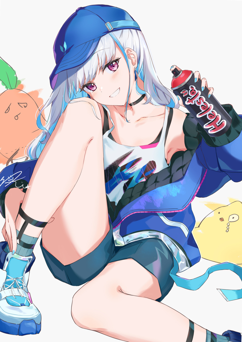 1girl, absurdres, ankle_strap, aqua_shorts, armpits, black_choker, blue_hair, blue_headwear