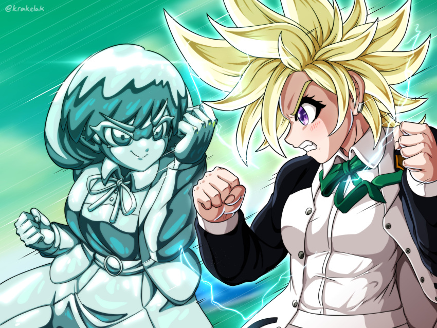 2girls, absurdres, battle, blonde_hair, dragon_ball, dragon_ball_z, electricity, fighting