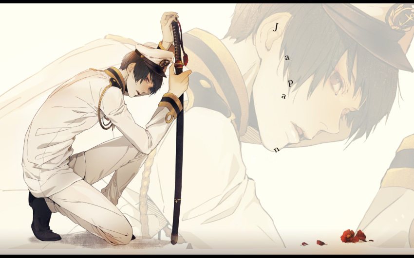 aiguillette, axis_powers_hetalia, black_hair, brown_eyes, flower, hat, japan_(hetalia), male, military, military_uniform, mozilla_(artist), peaked_cap, sheath, sheathed, solo, squatting, sword, uniform, weapon, zoom_layer