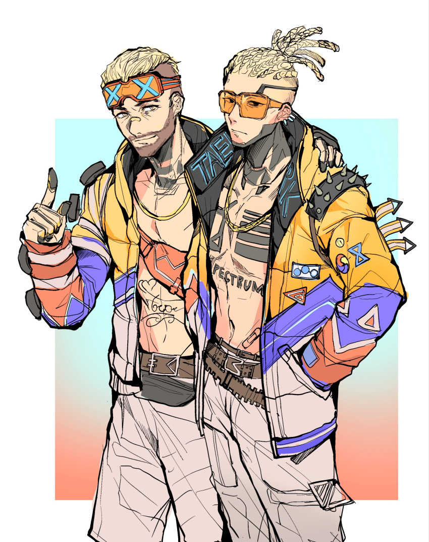 2boys, absurdres, animification, apex_legends, bare_pectorals, belt, blonde_hair, border