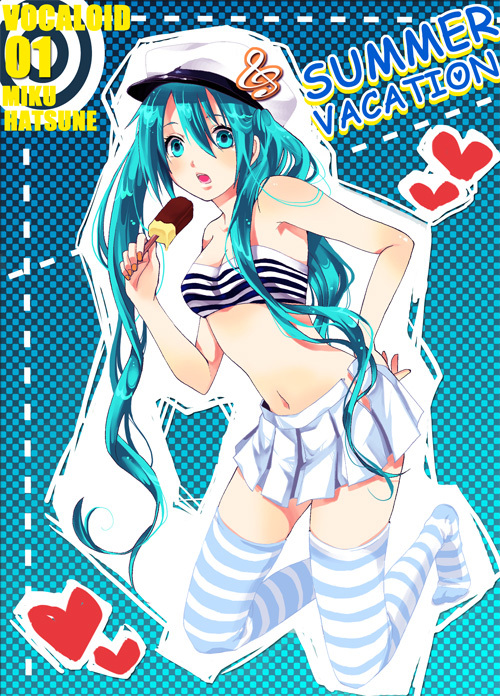 aqua_eyes, aqua_hair, bandeau, food, hand_on_hip, hat, hatsune_miku, ice_cream, kneeling, midriff, miniskirt, navel, necktie, open_mouth, peaked_cap, skirt, solo, striped, striped_legwear, striped_thighhighs, takohati, thigh-highs, thighhighs, tubetop, twintails, vocaloid