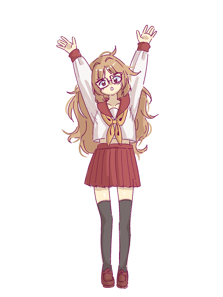 1girl, brown_eyes, brown_hair, brown_sailor_collar, brown_skirt, glasses, long_hair, looking_at_viewer