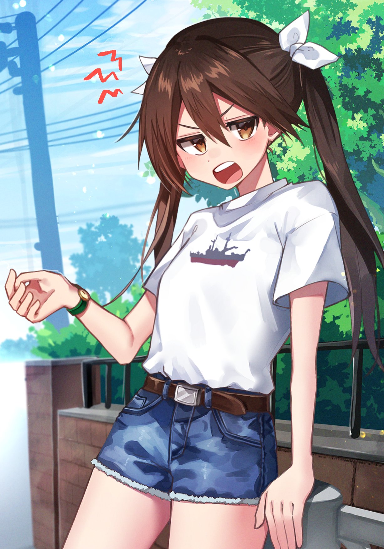 ^^^, alternate_costume, belt, blue_shorts, blue_sky, brown_belt, brown_hair, clouds
