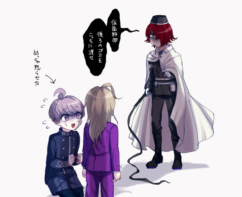 3boys, ahoge, black_headwear, black_jacket, black_pants, blonde_hair, blue_jacket, blue_shorts