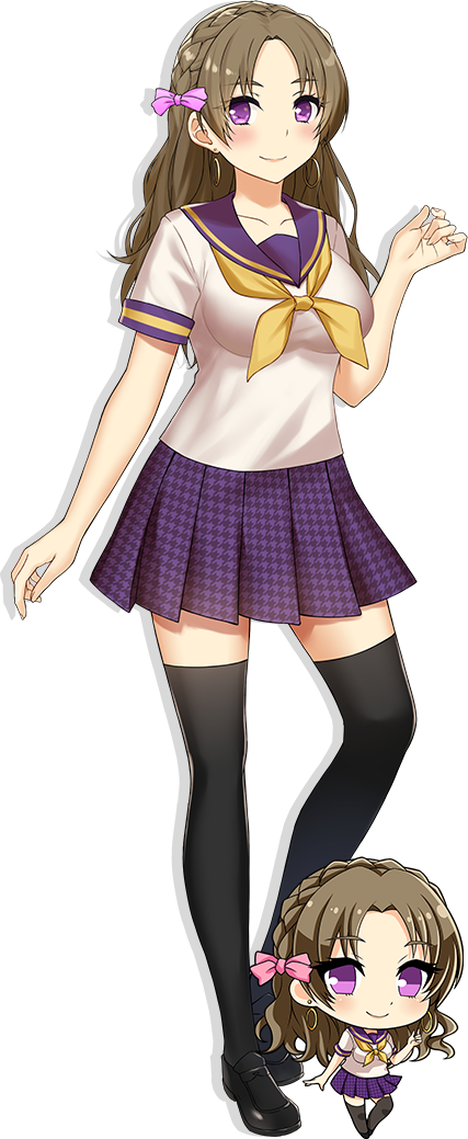 1girl, black_footwear, black_thighhighs, breasts, brown_hair, chibi, kokonohi_hotaru, long_hair