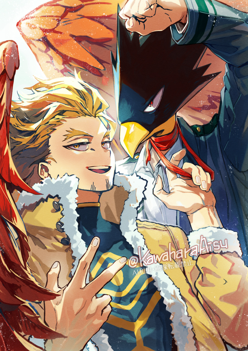 2boys, :d, absurdres, animal_head, arm_up, artist_name, blonde_hair, blue_jacket
