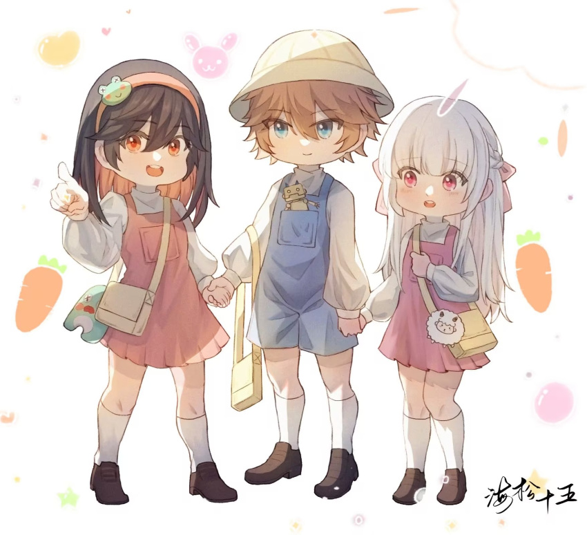 1boy, 2girls, aged_down, black_hair, blue_eyes, brown_hair, closed_mouth, colored_inner_hair