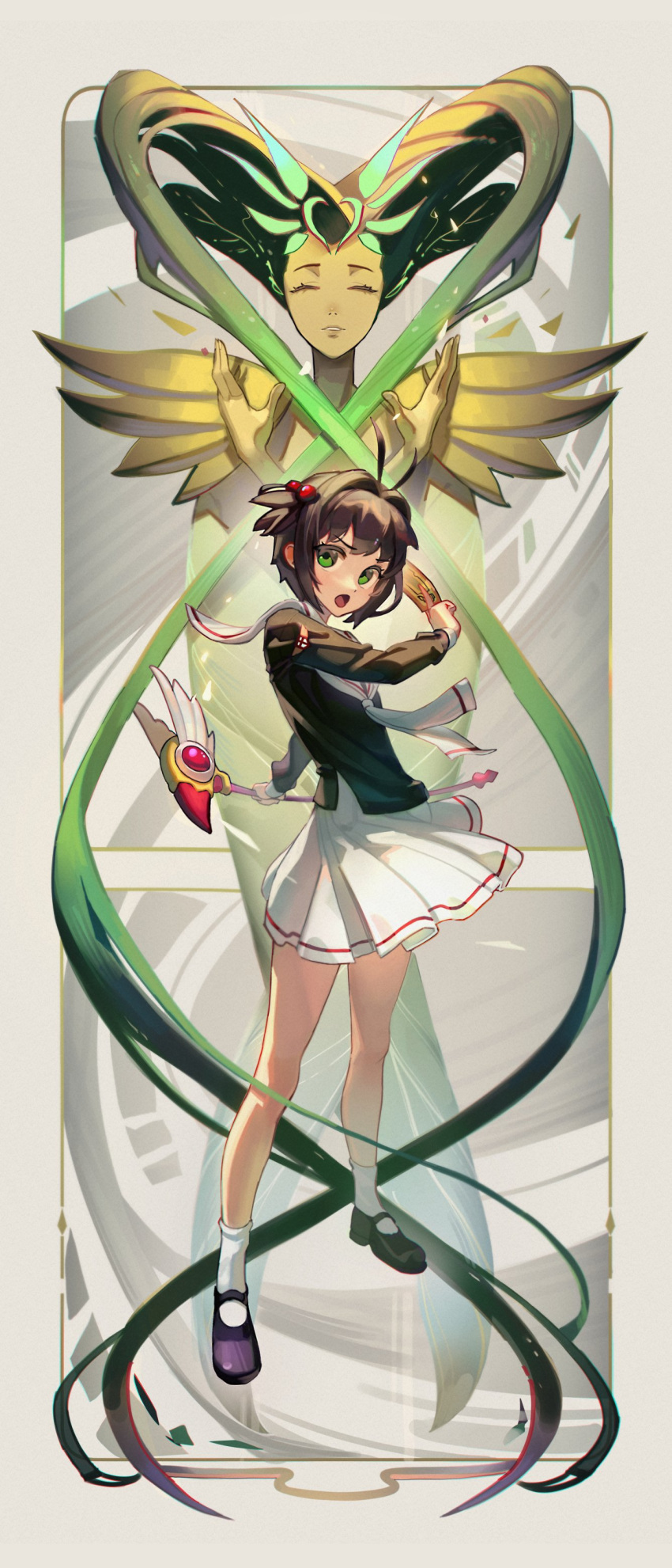 absurdres, black_footwear, brown_hair, cardcaptor_sakura, closed_eyes, clow_card, dethmaid, female_child