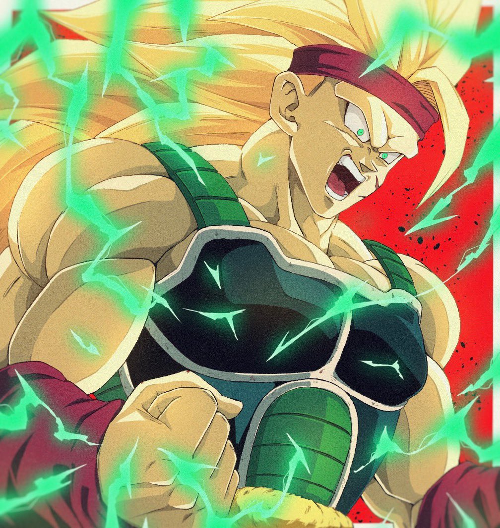 1boy, angry, armor, bardock, bare_shoulders, biceps, blonde_hair, bure_(fantasticyouth7), clenched_hand, commentary_request, dragon_ball, dragon_ball_z, electricity, energy, green_eyes, hands_up, headband, long_hair, male_focus, muscular, muscular_male, no_eyebrows, open_mouth, pectorals, red_background, red_headband, red_wristband, round_teeth, saiyan_armor, scar, scar_on_cheek, scar_on_face, simple_background, solo, spiky_hair, super_saiyan, super_saiyan_3, teeth, tongue, upper_body, v-shaped_eyebrows, wristband