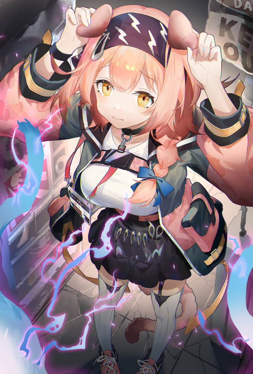 1girl, absurdres, animal_ears, arknights, black_choker, black_hairband, black_skirt, blue_bow, blush, bow, braid, breasts, cat_ears, cat_girl, cat_tail, choker, closed_mouth, collarbone, commentary_request, cross-laced_footwear, electricity, electrokinesis, full_body, goldenglow_(arknights), grey_jacket, hair_bow, hairband, highres, id_card, jacket, large_breasts, legwear_garter, long_hair, long_sleeves, looking_at_viewer, looking_up, multicolored_clothes, multicolored_jacket, pink_footwear, pink_hair, pink_jacket, shirt, shoelaces, shoes, skirt, sleeve_cuffs, solo, tail, thigh-highs, tiant, two-tone_jacket, white_shirt, white_thighhighs, yellow_eyes