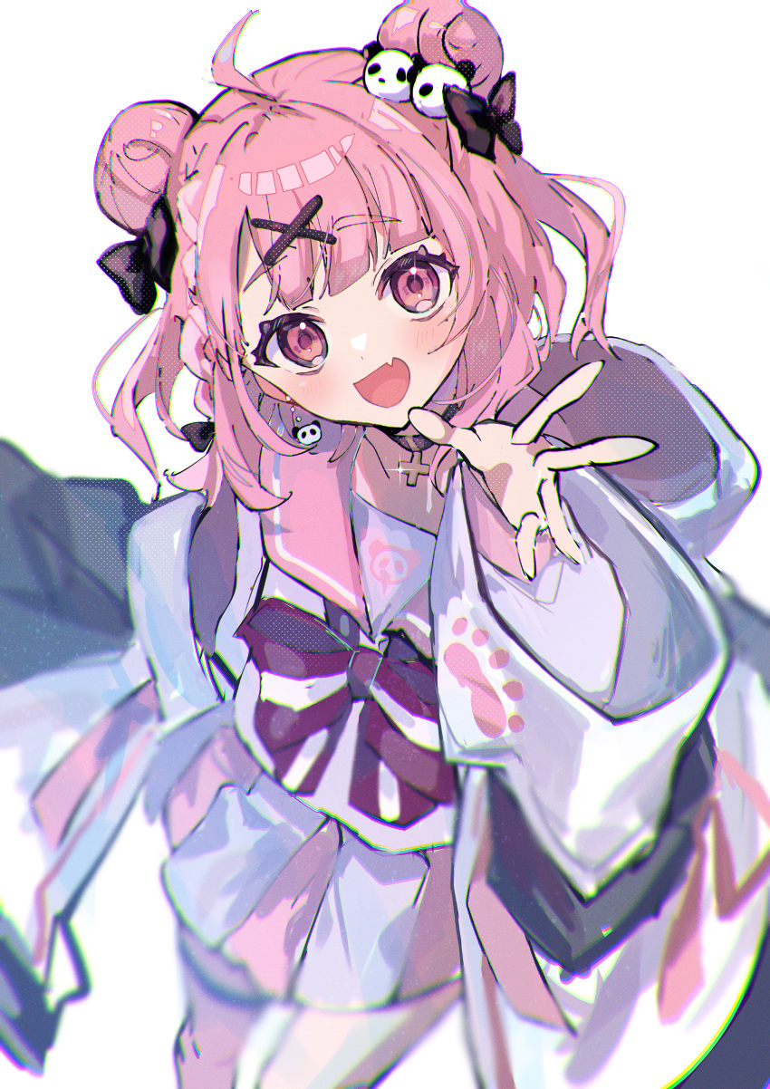 1girl, absurdres, ahoge, choker, cross, cross_choker, double_bun, fang