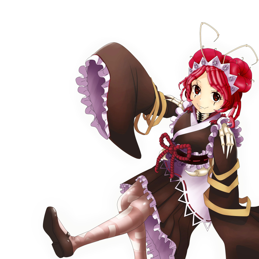 1girl, absurdres, antennae, apron, arthropod_girl, brown_footwear, brown_kimono, brown_thighhighs